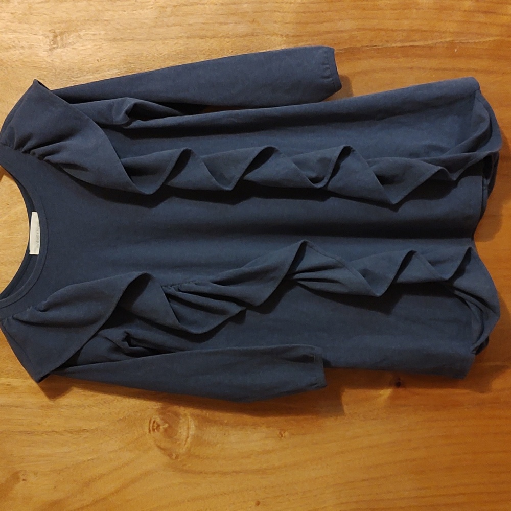 Mabel+Honey Girls Waterfall Ruffle Dress Blue Cotton Blend Jersey Long Sleeve 10